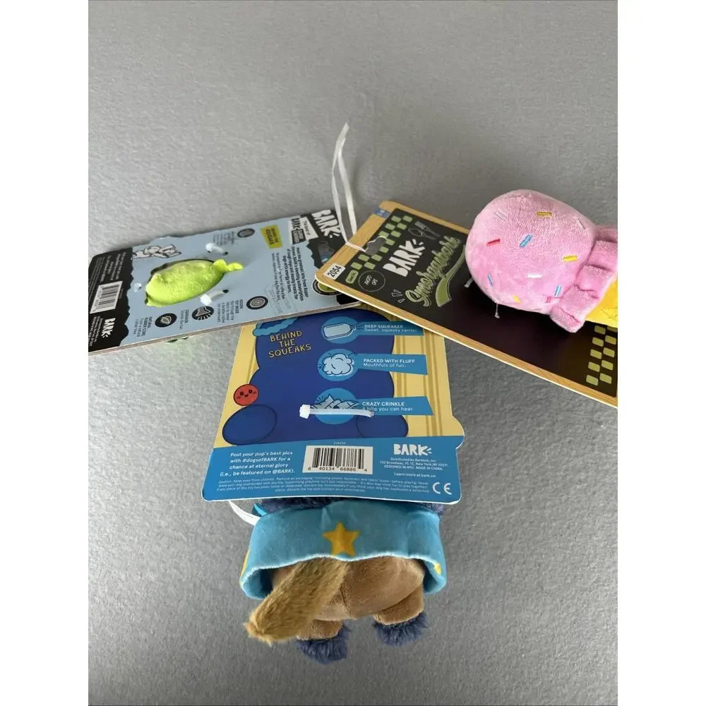 Bark New Dog toys Groundhog Dave, Piper Parrot, Slobbery Icecream Cone Set of 3